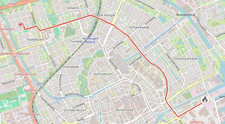 Kaart van de omgeving van de melding, met de kazerne die is gealarmeerd