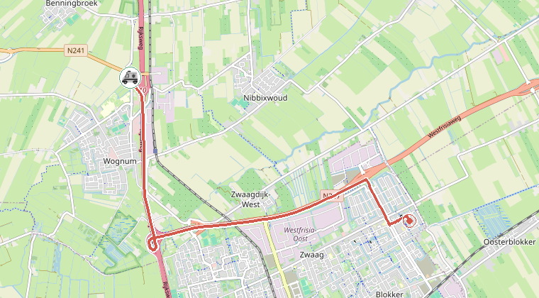 Kaart van de omgeving van de melding, met de kazerne die is gealarmeerd