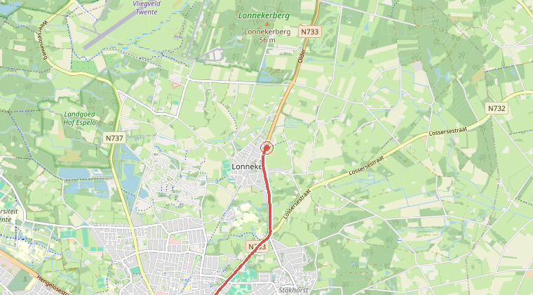 Kaart van de omgeving van de melding, met de kazerne die is gealarmeerd