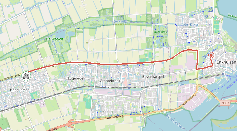 Kaart van de omgeving van de melding, met de kazerne die is gealarmeerd