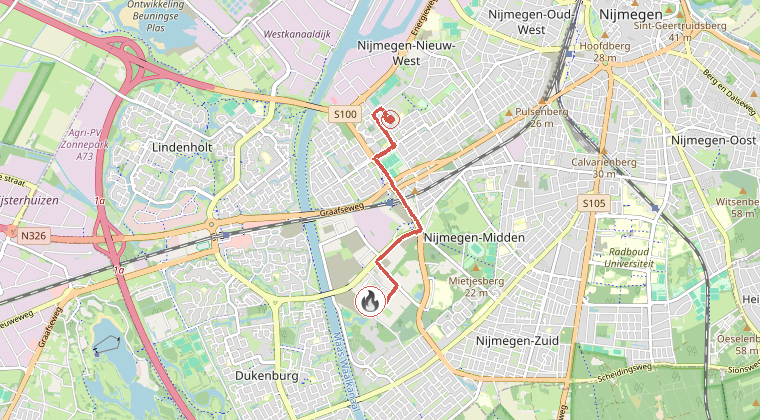 Kaart van de omgeving van de melding, met de kazerne die is gealarmeerd