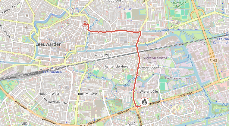 Kaart van de omgeving van de melding, met de kazerne die is gealarmeerd
