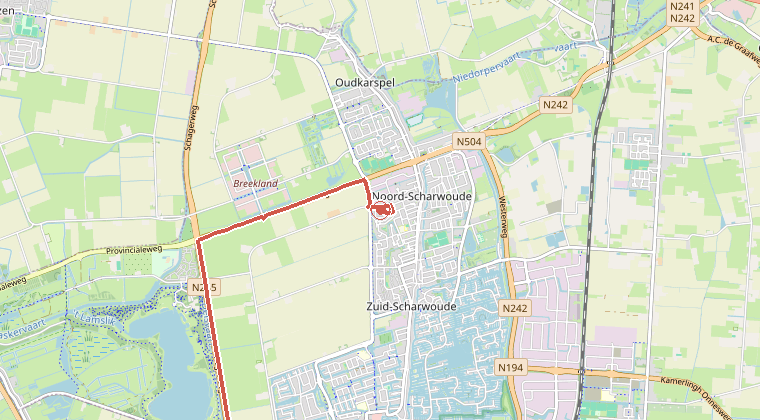 Kaart van de omgeving van de melding, met de kazerne die is gealarmeerd