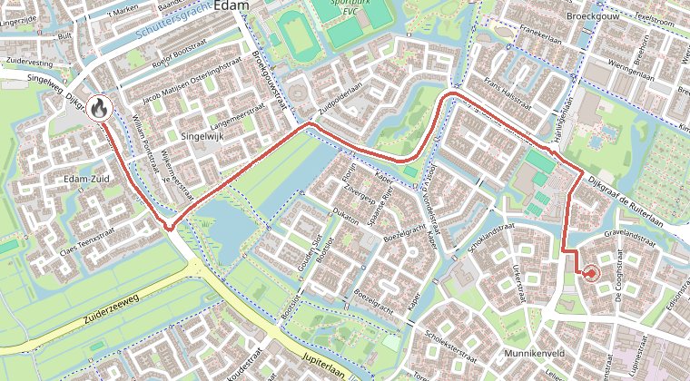 Kaart van de omgeving van de melding, met de kazerne die is gealarmeerd
