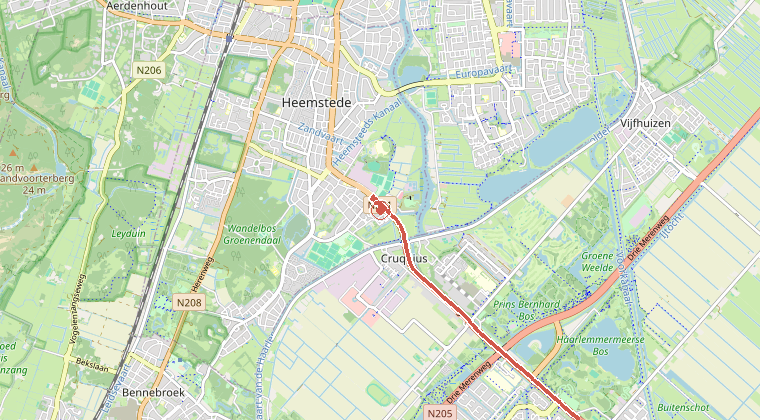 Kaart van de omgeving van de melding, met de kazerne die is gealarmeerd