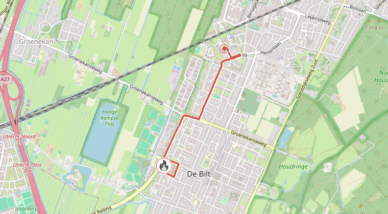 Kaart van de omgeving van de melding, met de kazerne die is gealarmeerd