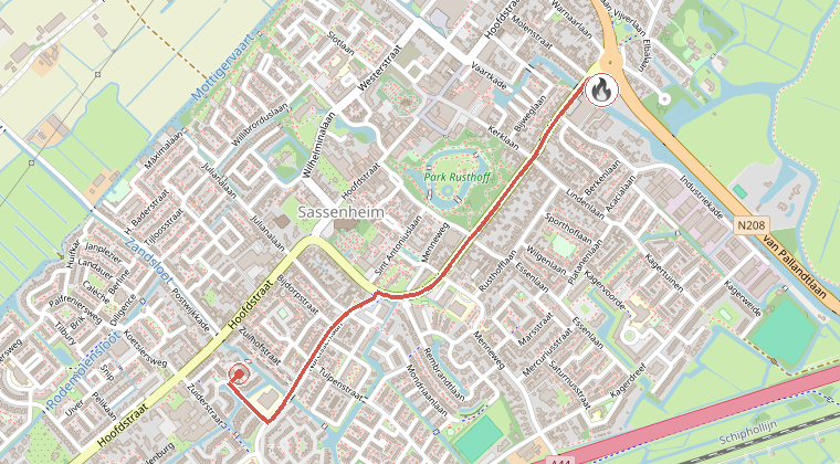 Kaart van de omgeving van de melding, met de kazerne die is gealarmeerd