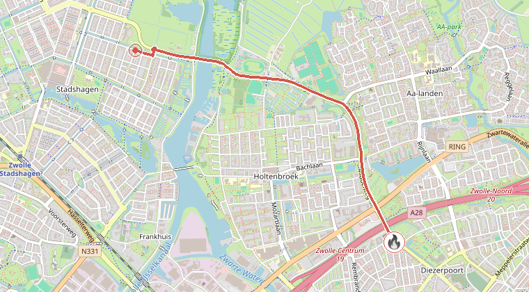 Kaart van de omgeving van de melding, met de kazerne die is gealarmeerd