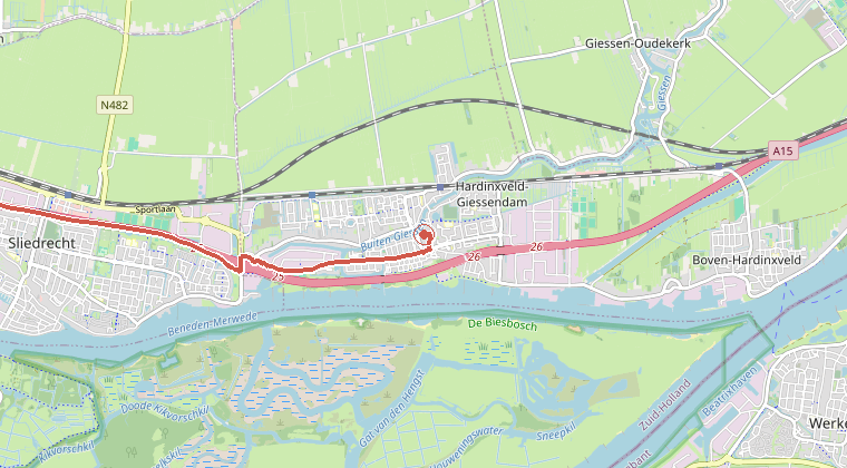 Kaart van de omgeving van de melding, met de kazerne die is gealarmeerd