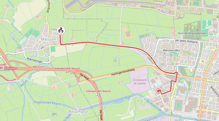 Kaart van de omgeving van de melding, met de kazerne die is gealarmeerd
