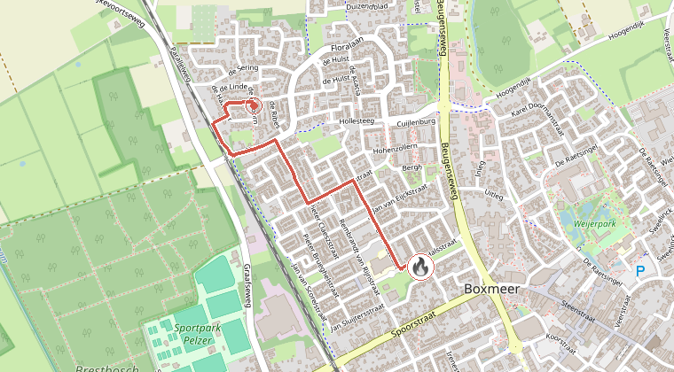 Kaart van de omgeving van de melding, met de kazerne die is gealarmeerd