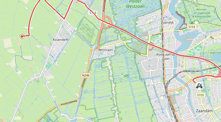 Kaart van de omgeving van de melding, met de kazerne die is gealarmeerd