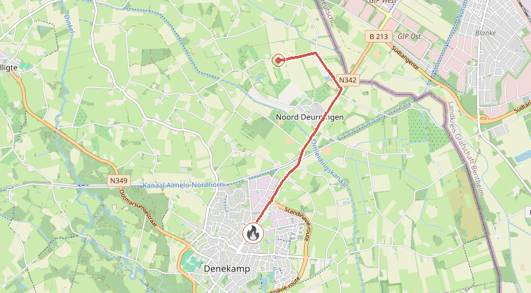 Kaart van de omgeving van de melding, met de kazerne die is gealarmeerd