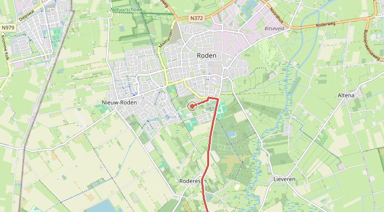 Kaart van de omgeving van de melding, met de kazerne die is gealarmeerd