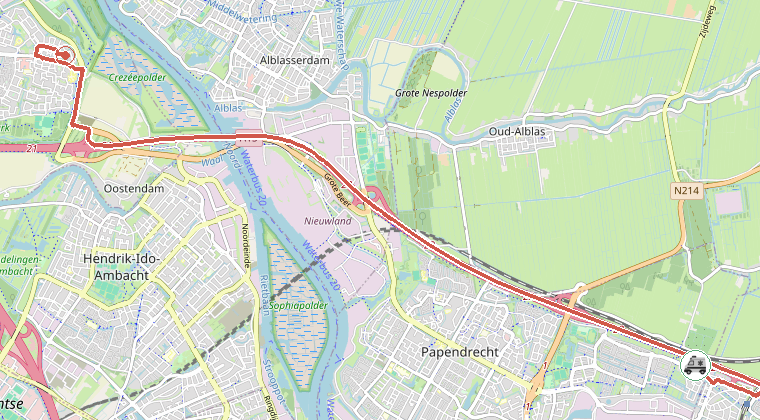 Kaart van de omgeving van de melding, met de kazerne die is gealarmeerd