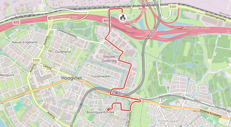 Kaart van de omgeving van de melding, met de kazerne die is gealarmeerd