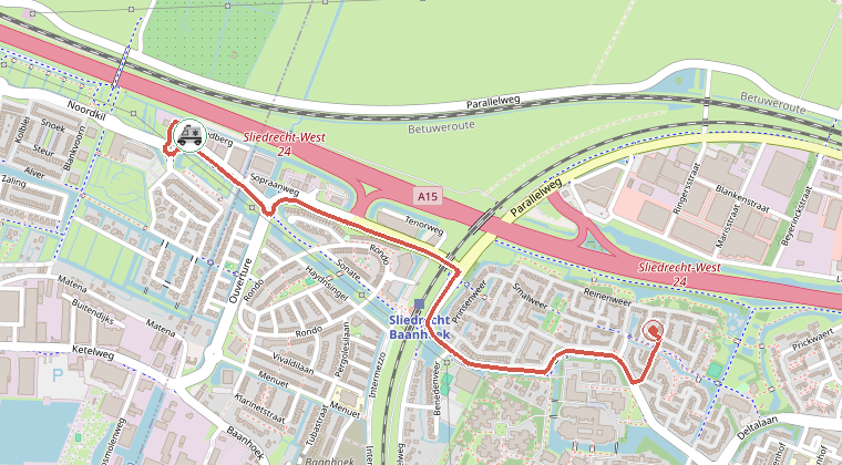 Kaart van de omgeving van de melding, met de kazerne die is gealarmeerd