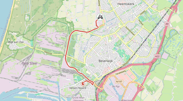 Kaart van de omgeving van de melding, met de kazerne die is gealarmeerd