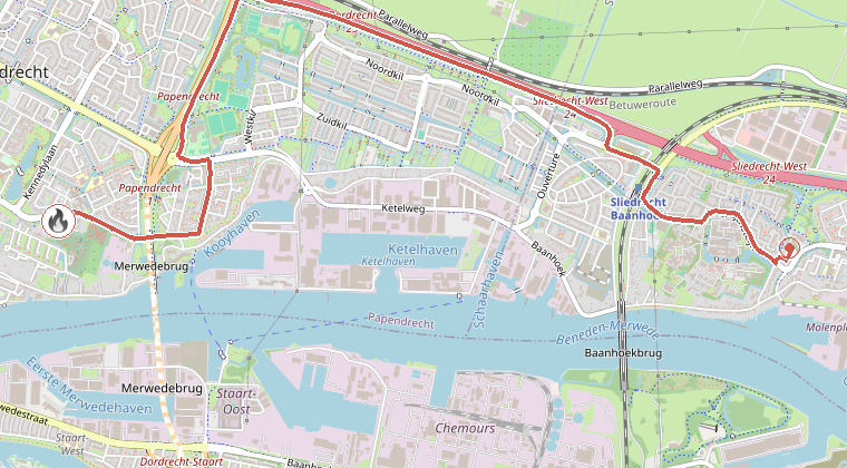 Kaart van de omgeving van de melding, met de kazerne die is gealarmeerd