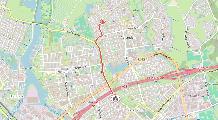 Kaart van de omgeving van de melding, met de kazerne die is gealarmeerd