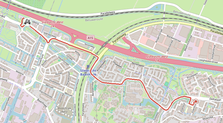 Kaart van de omgeving van de melding, met de kazerne die is gealarmeerd