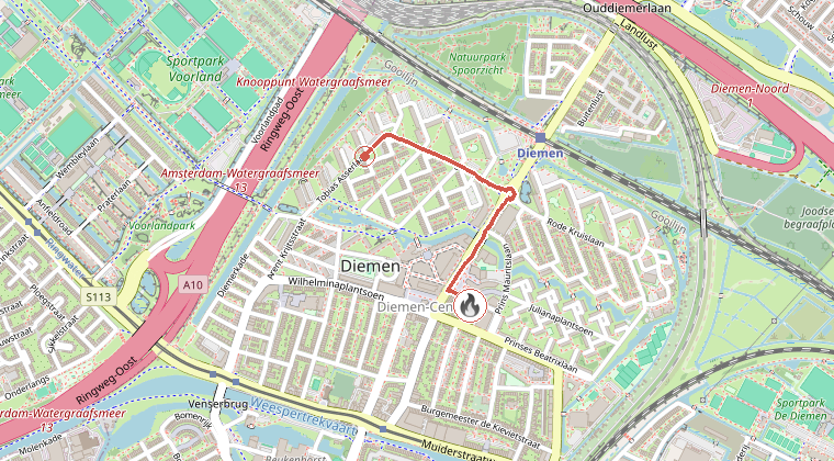 Kaart van de omgeving van de melding, met de kazerne die is gealarmeerd