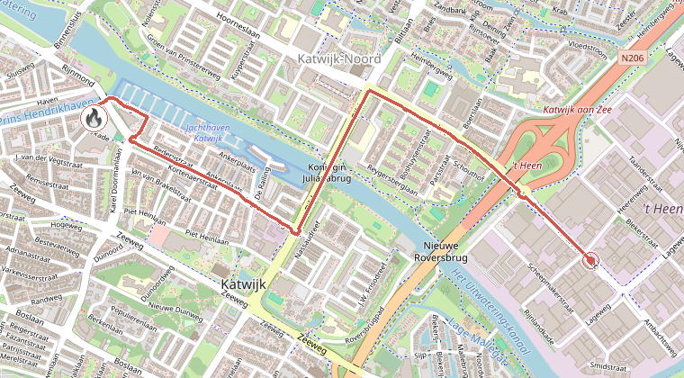 Kaart van de omgeving van de melding, met de kazerne die is gealarmeerd