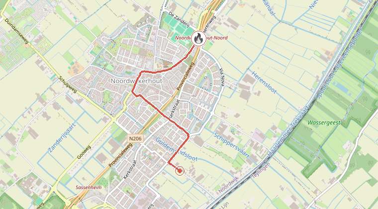 Kaart van de omgeving van de melding, met de kazerne die is gealarmeerd