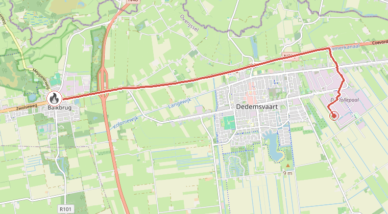 Kaart van de omgeving van de melding, met de kazerne die is gealarmeerd
