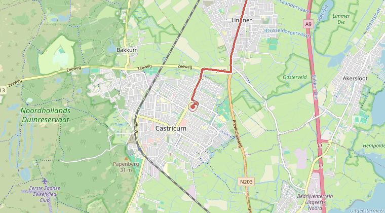 Kaart van de omgeving van de melding, met de kazerne die is gealarmeerd