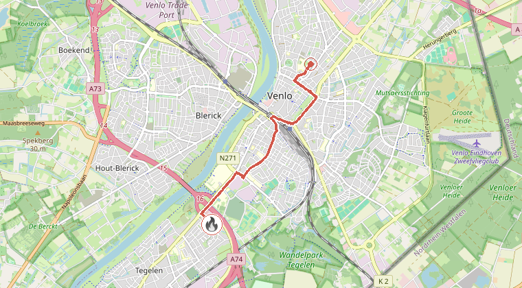 Kaart van de omgeving van de melding, met de kazerne die is gealarmeerd