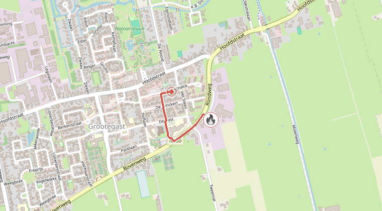 Kaart van de omgeving van de melding, met de kazerne die is gealarmeerd