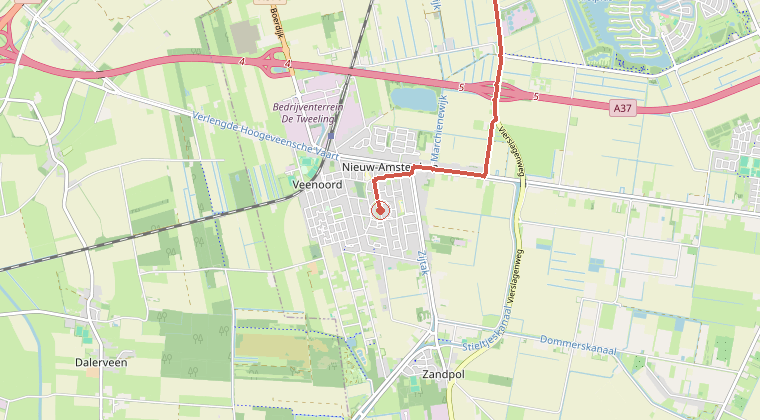 Kaart van de omgeving van de melding, met de kazerne die is gealarmeerd