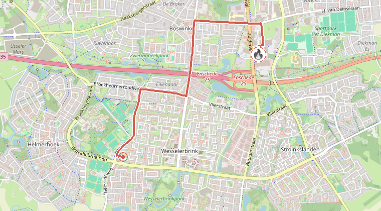 Kaart van de omgeving van de melding, met de kazerne die is gealarmeerd
