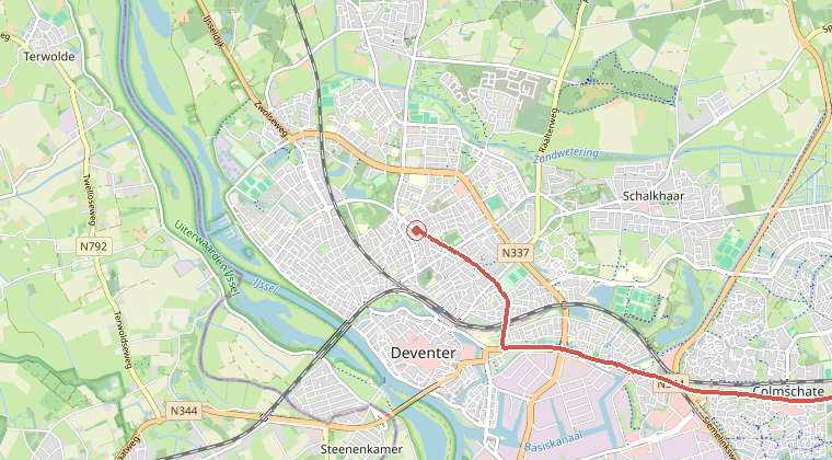 Kaart van de omgeving van de melding, met de kazerne die is gealarmeerd