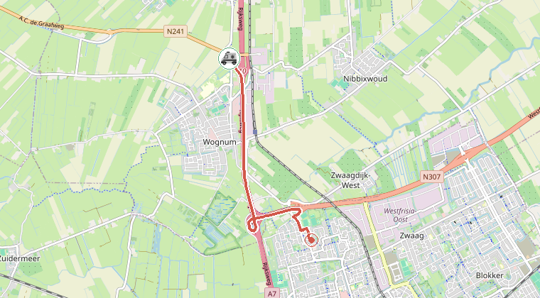 Kaart van de omgeving van de melding, met de kazerne die is gealarmeerd