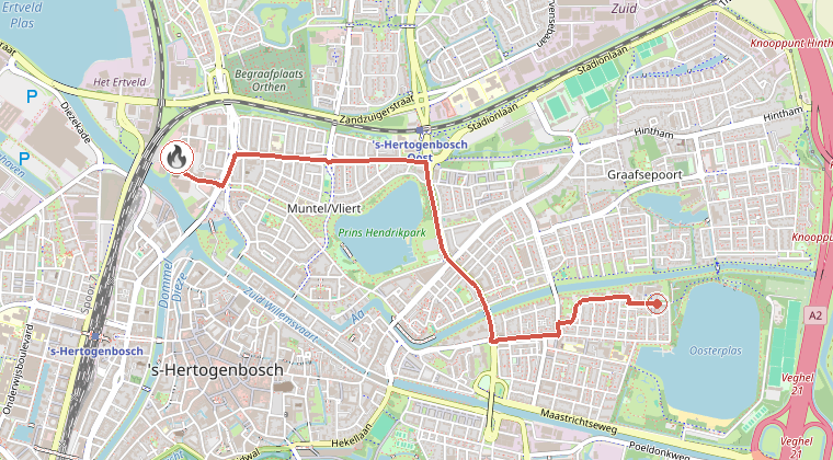 Kaart van de omgeving van de melding, met de kazerne die is gealarmeerd