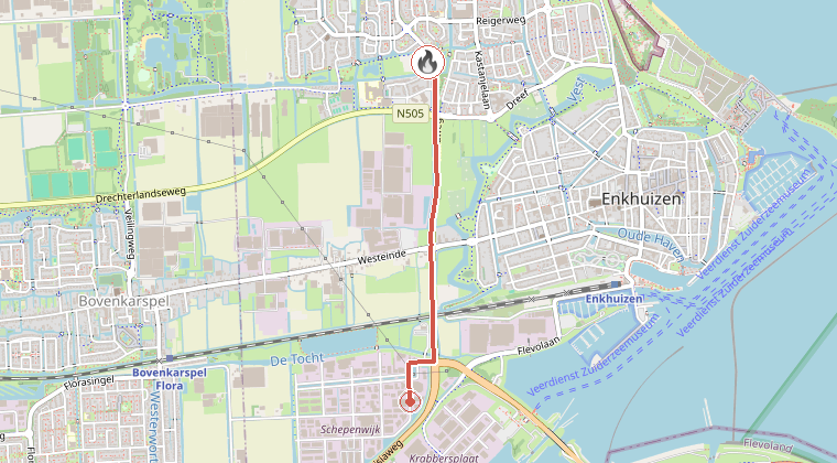 Kaart van de omgeving van de melding, met de kazerne die is gealarmeerd