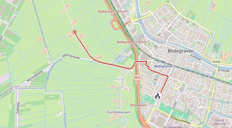 Kaart van de omgeving van de melding, met de kazerne die is gealarmeerd