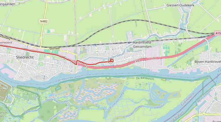 Kaart van de omgeving van de melding, met de kazerne die is gealarmeerd
