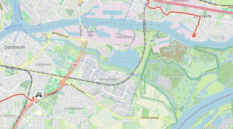 Kaart van de omgeving van de melding, met de kazerne die is gealarmeerd