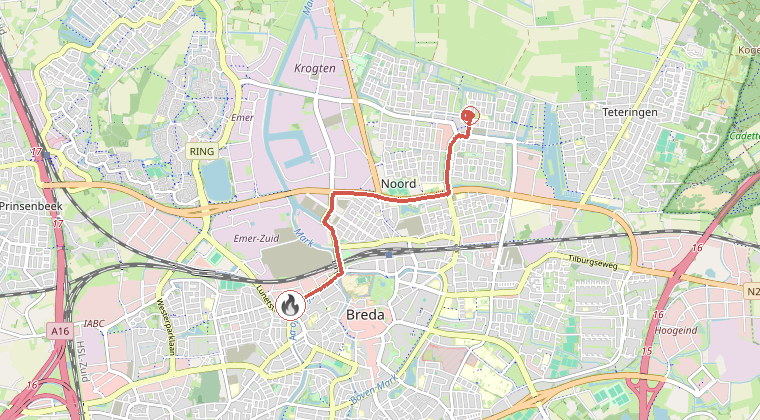 Kaart van de omgeving van de melding, met de kazerne die is gealarmeerd