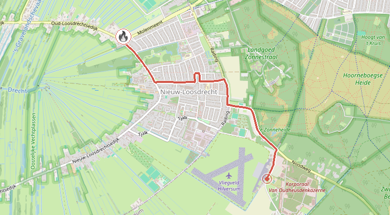Kaart van de omgeving van de melding, met de kazerne die is gealarmeerd