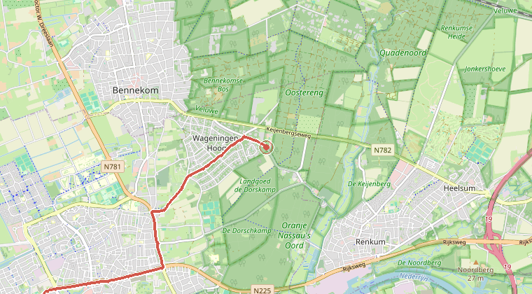 Kaart van de omgeving van de melding, met de kazerne die is gealarmeerd