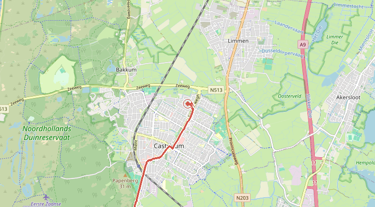Kaart van de omgeving van de melding, met de kazerne die is gealarmeerd