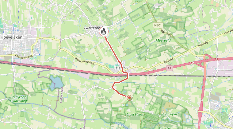 Kaart van de omgeving van de melding, met de kazerne die is gealarmeerd