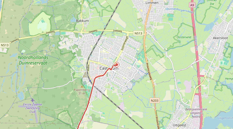 Kaart van de omgeving van de melding, met de kazerne die is gealarmeerd