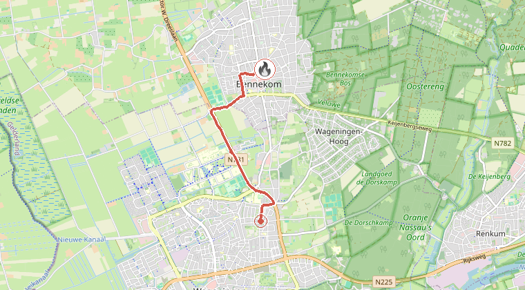 Kaart van de omgeving van de melding, met de kazerne die is gealarmeerd