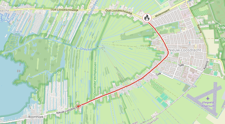 Kaart van de omgeving van de melding, met de kazerne die is gealarmeerd