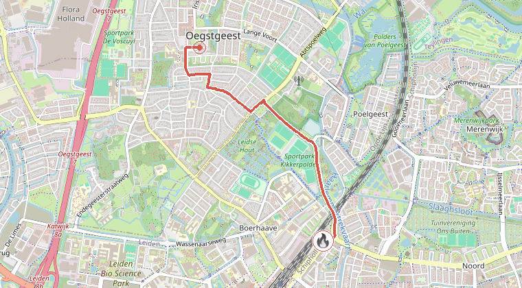 Kaart van de omgeving van de melding, met de kazerne die is gealarmeerd